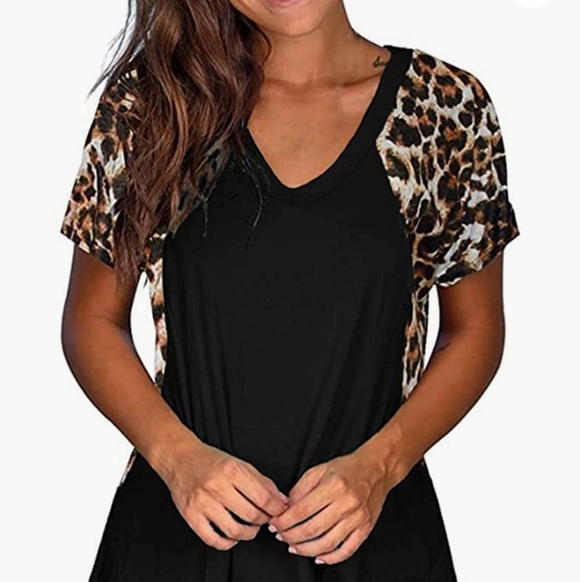 OMSJ Tops - Womens Casual Top- Leopard Print Short Sleeve T-Shirt